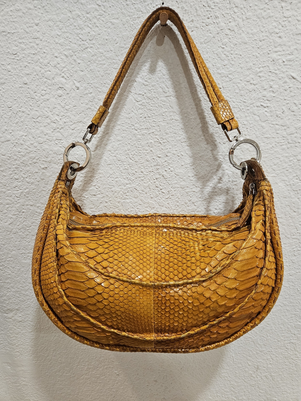 Desmo Italy Genuine Python Skin Crescent Hobo Shoulder Bag - Cognac Amber